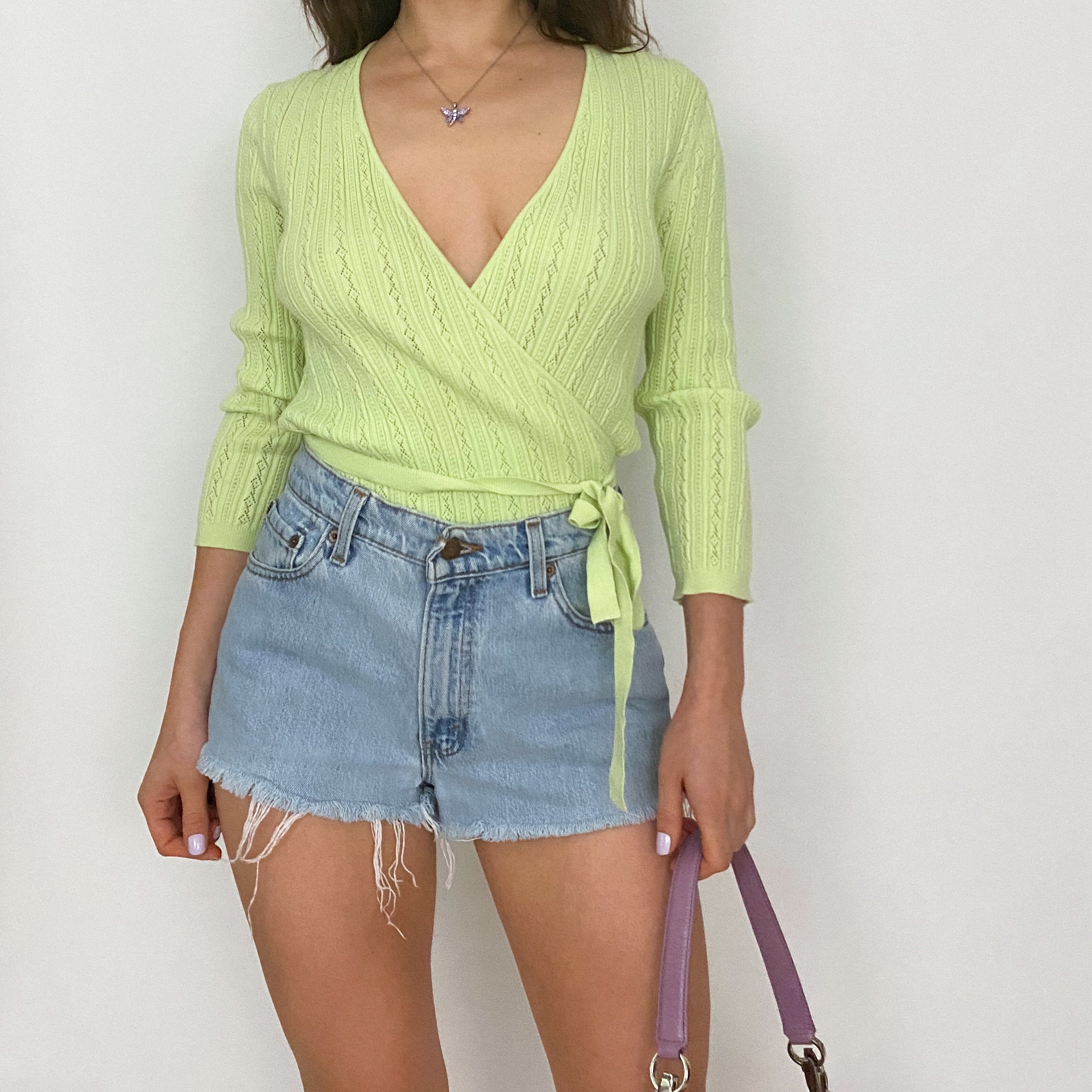 lime knit wrap top - large