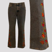 Brown Rose Embroidered Jeans - Large