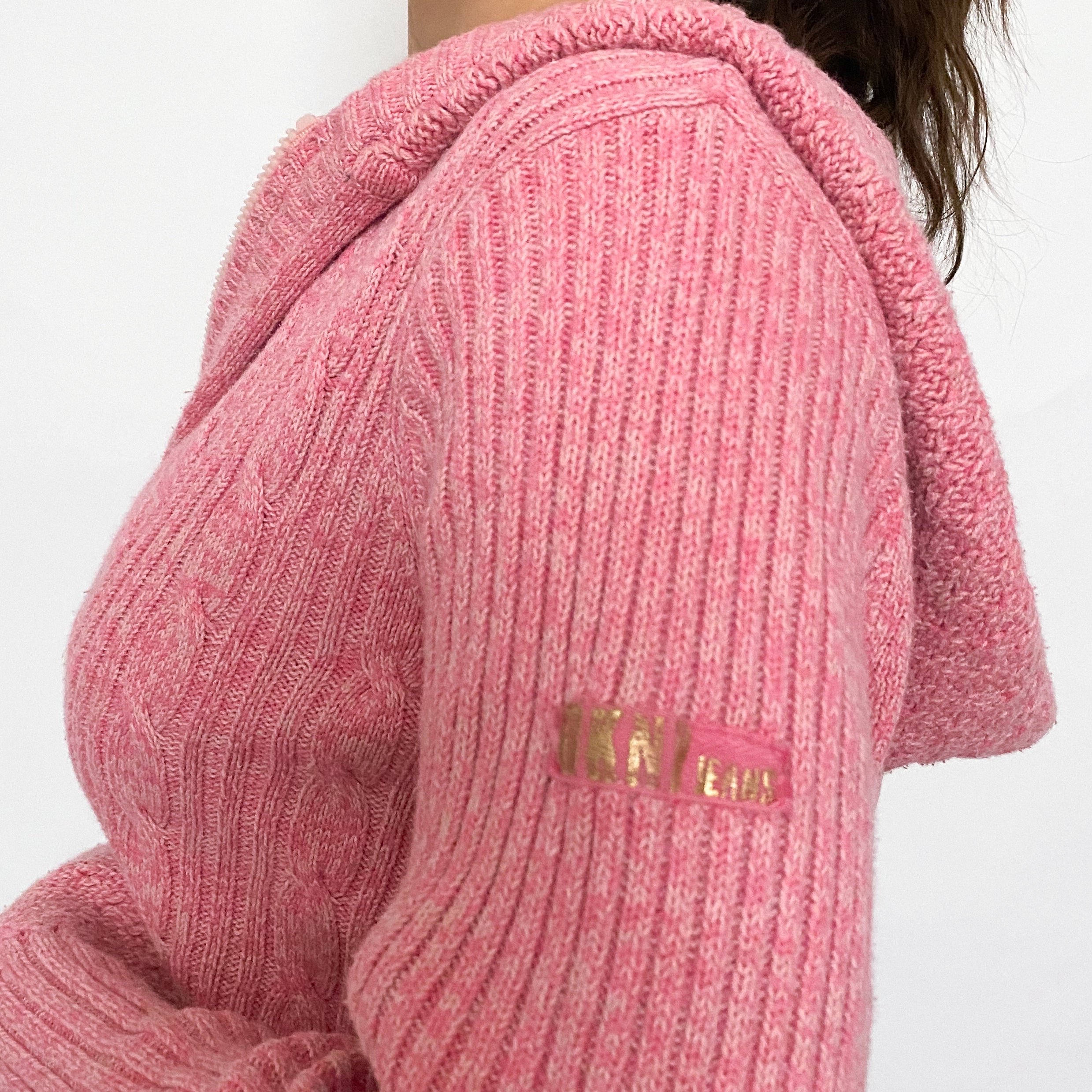 Y2K Pink Cropped DKNY Hooded Sweater