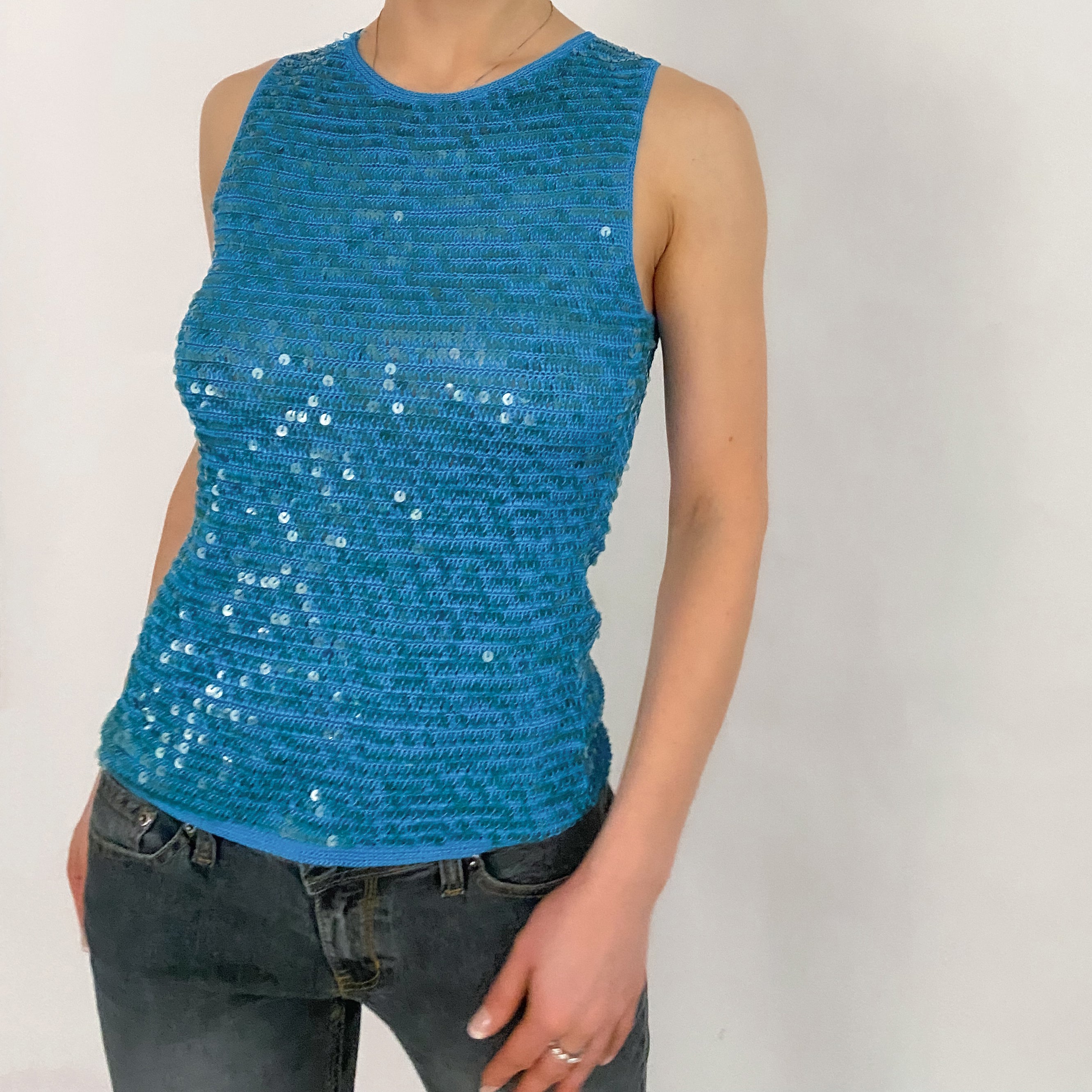 Y2K Teal Sequin Knit Tank - XS/S