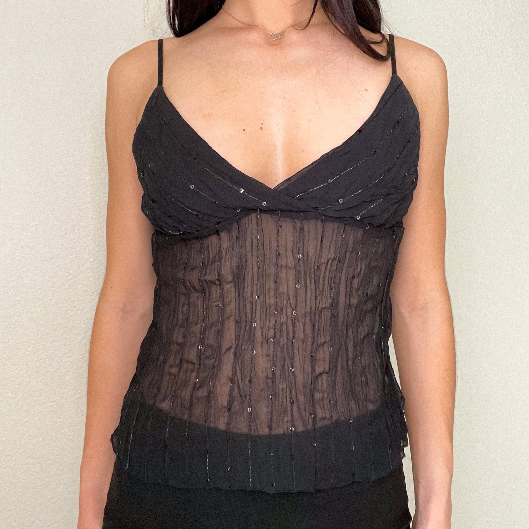 Black Y2K Mesh Sequin Tank Top