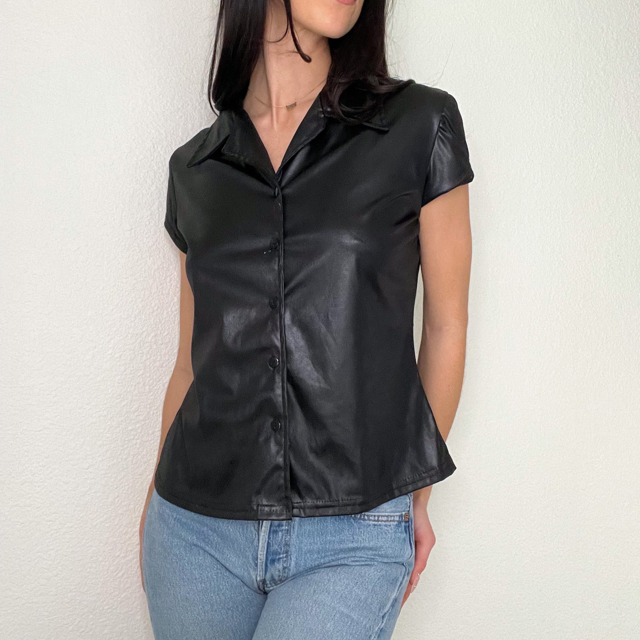 Black Y2K Wet Look Rave Top