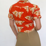Orange Butterfly Print Cropped Polo Top