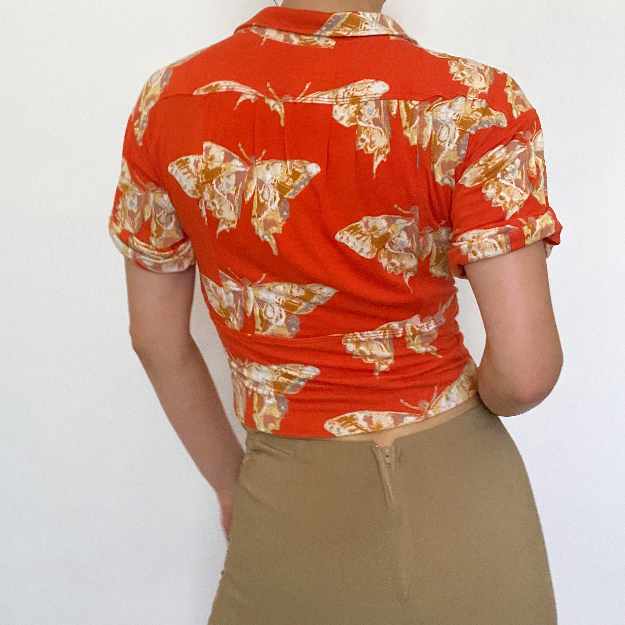 Orange Butterfly Print Cropped Polo Top