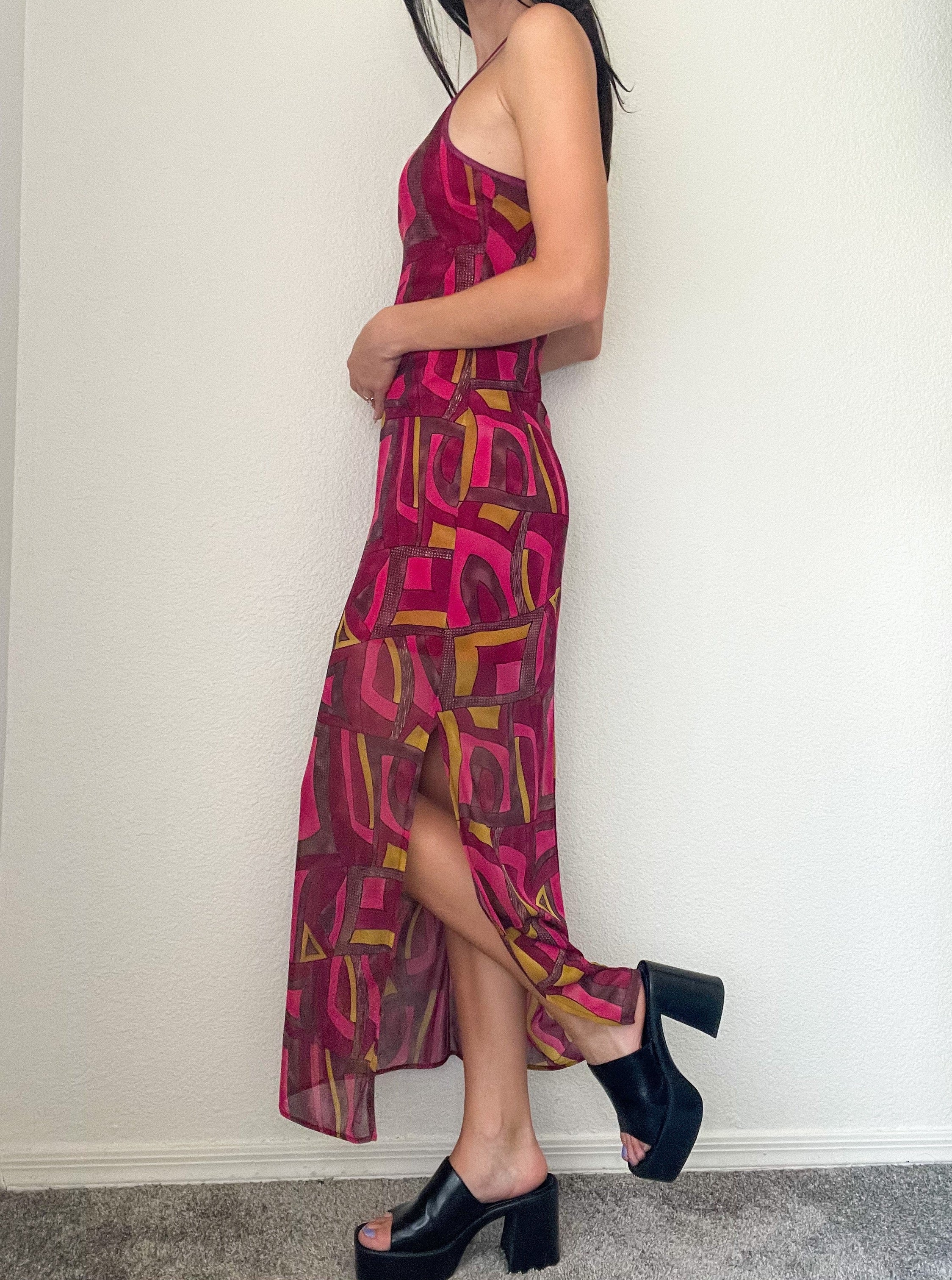 Red 90s Print Maxi Dress
