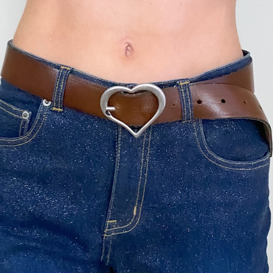 Y2K Silver Heart and Leather Belt