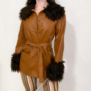 Vintage Trina Turk Belted Leather and Faux Fur Jacket