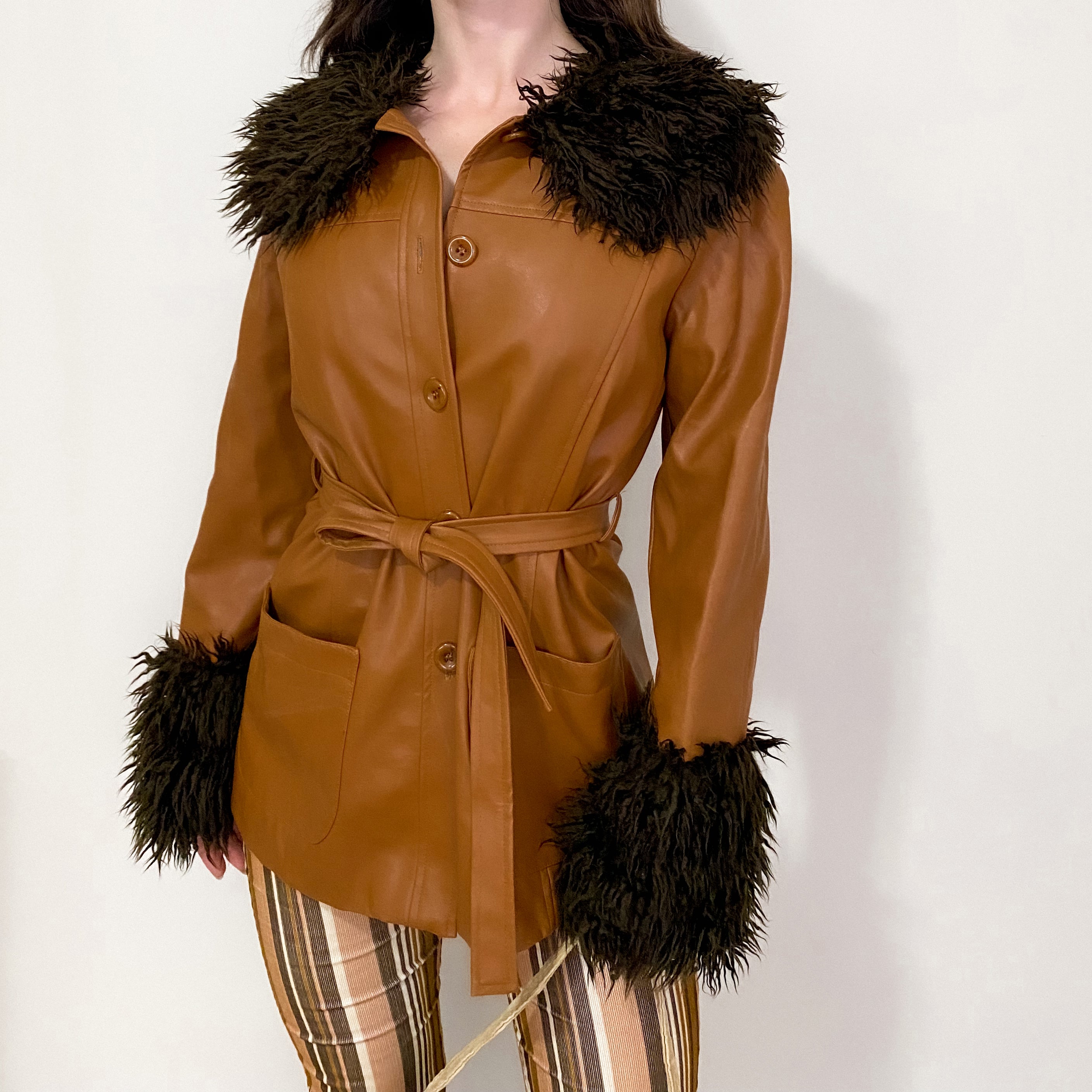 Vintage Trina Turk Belted Leather and Faux Fur Jacket