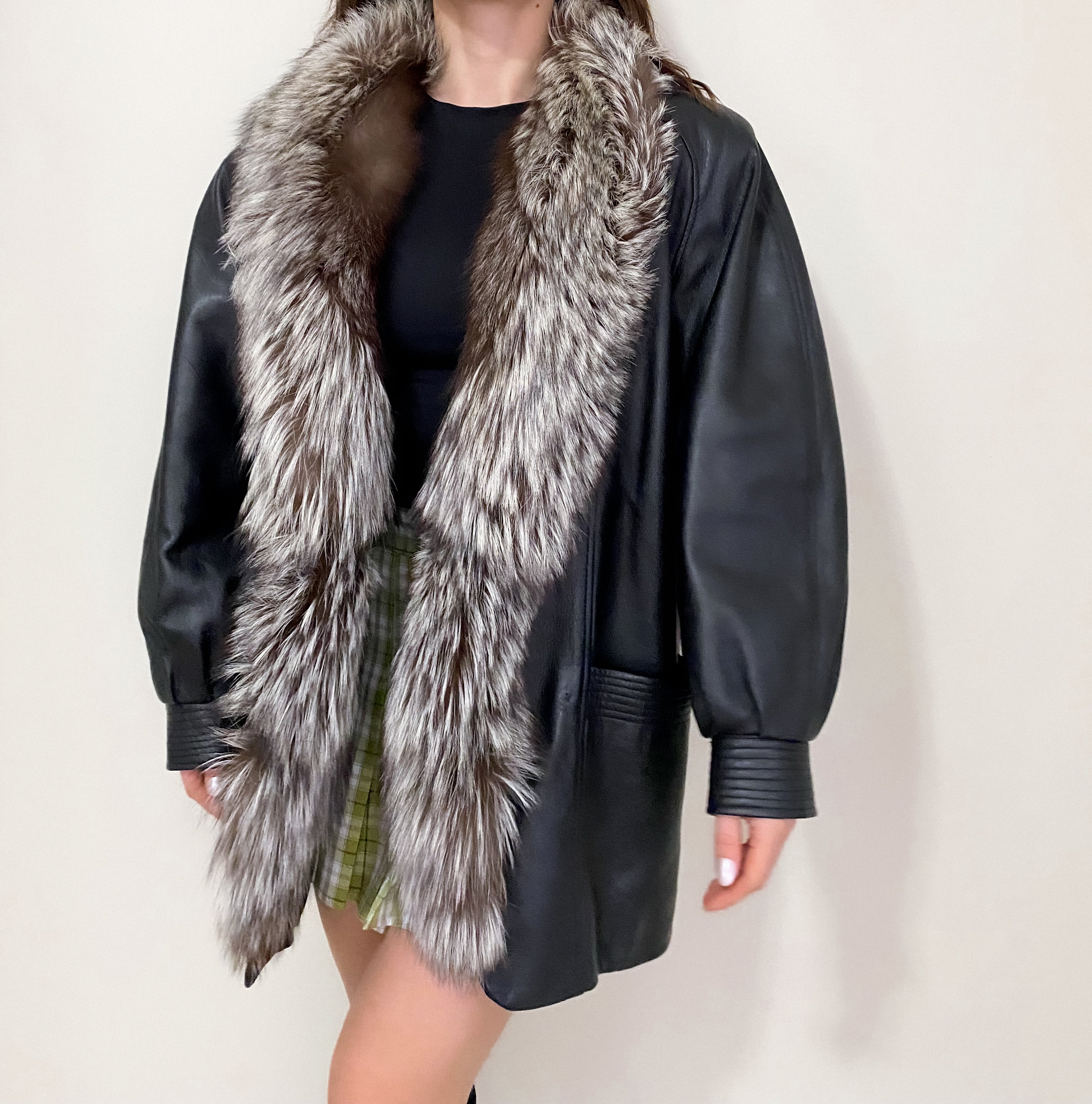 Vintage Black Leather and Faux Fur Jacket - XL