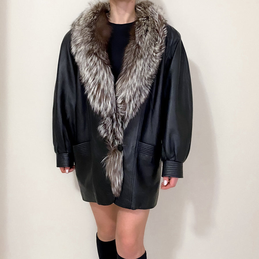 Vintage Black Leather and Faux Fur Jacket - XL