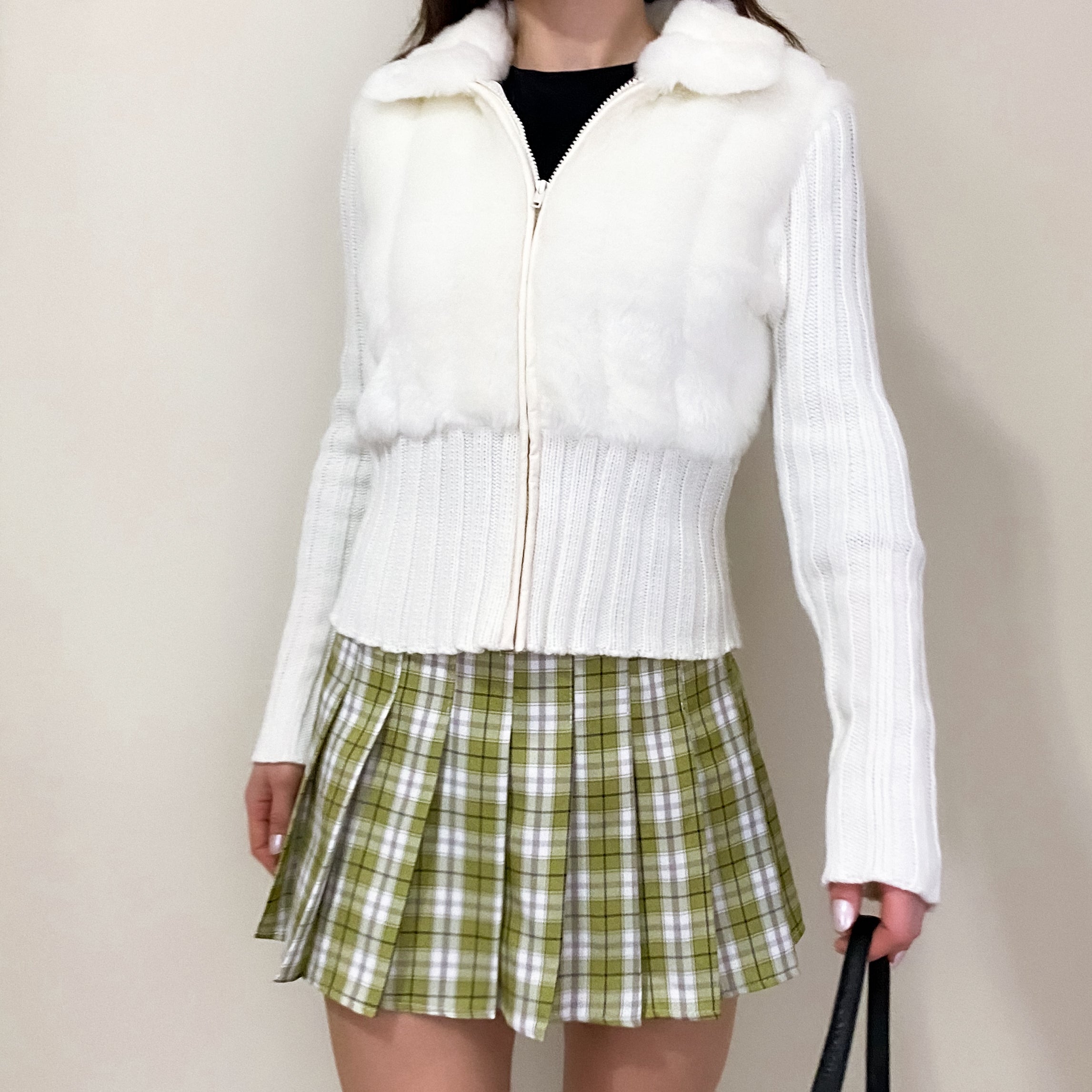 Y2K White Faux Fur Cardigan Sweater