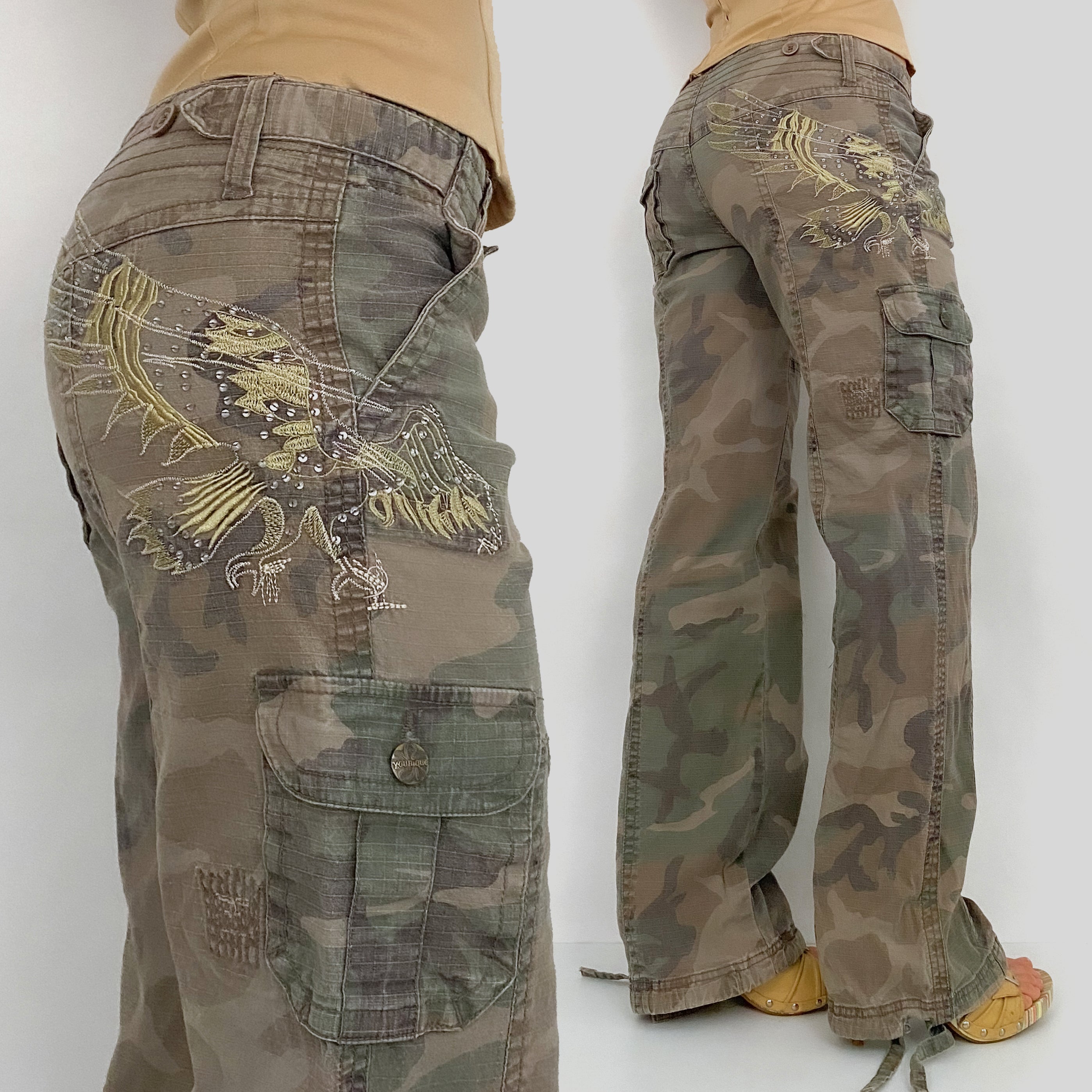Y2K Embroidered Camo Cargos - Small