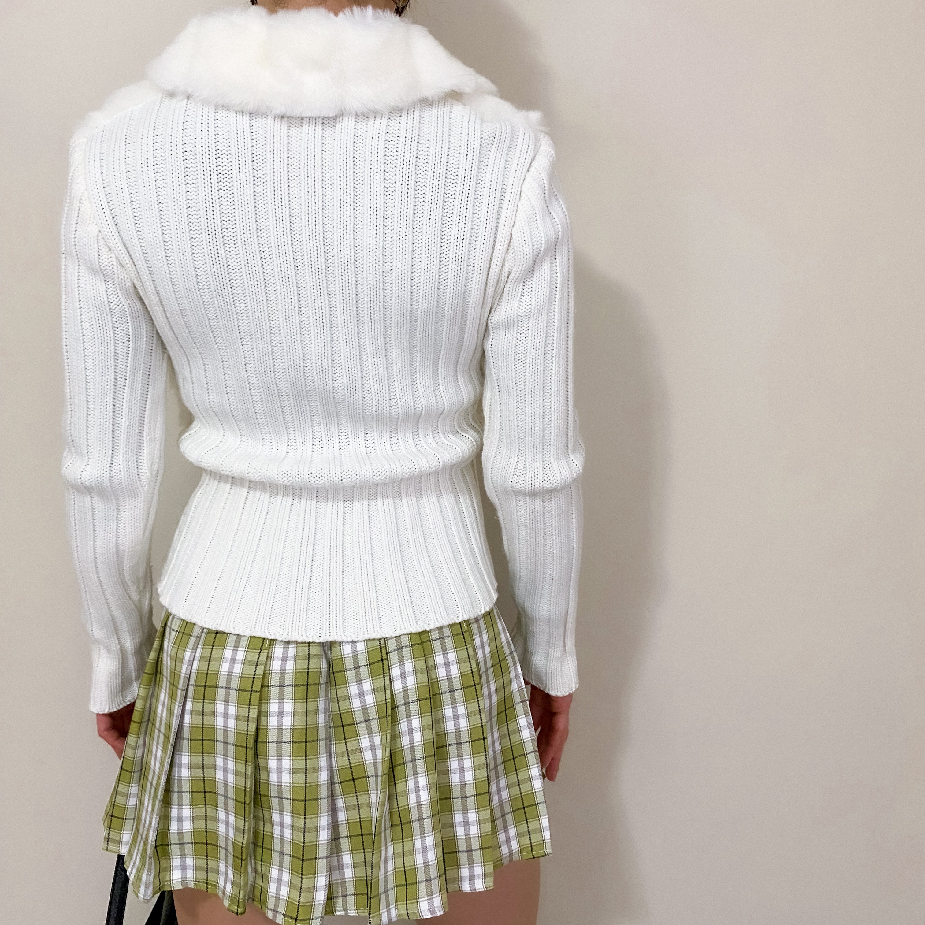 Y2K White Faux Fur Cardigan Sweater