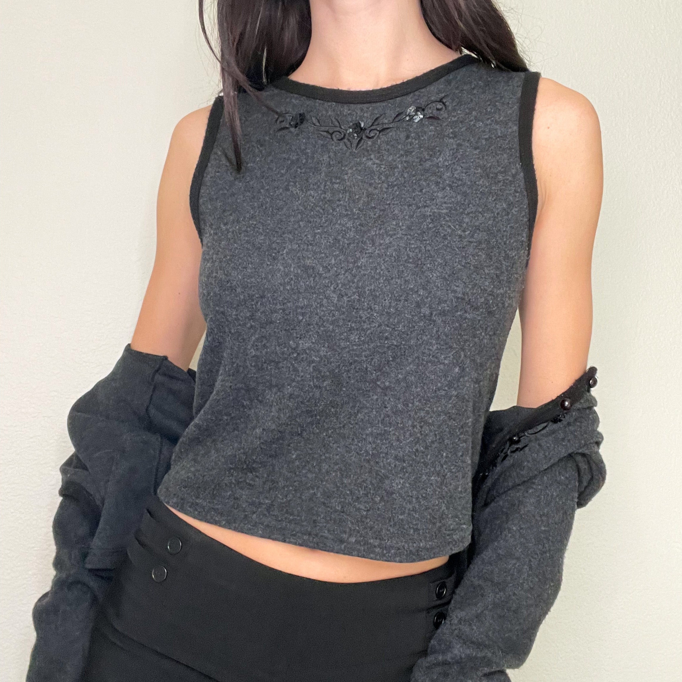 90s Grey Wool Tank and Cardigan Set