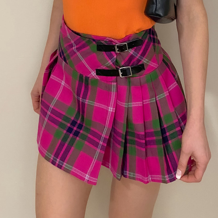 Wool Plaid Pleated Mini Skirt - XS