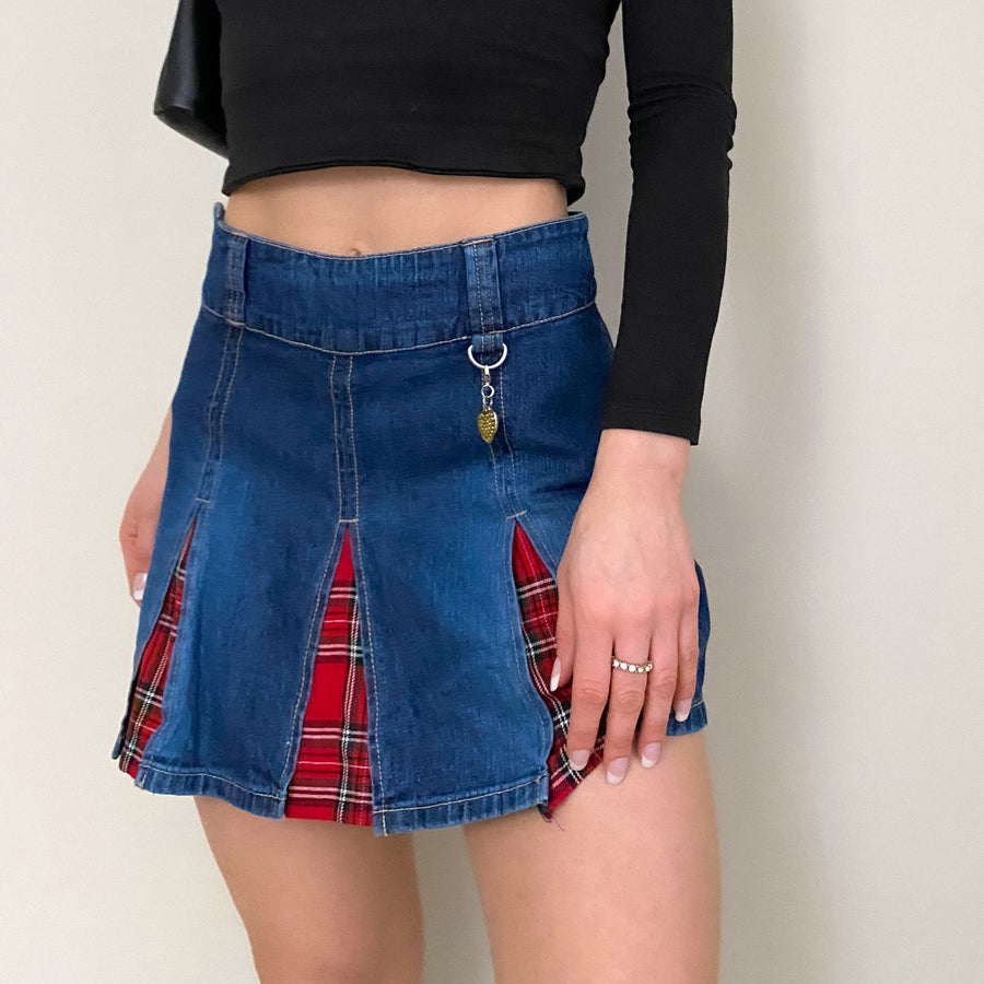 Y2K Denim and Plaid Pleated Mini Skirt