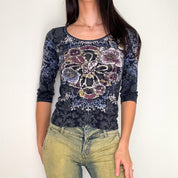 Navy Printed Rhinestone Top