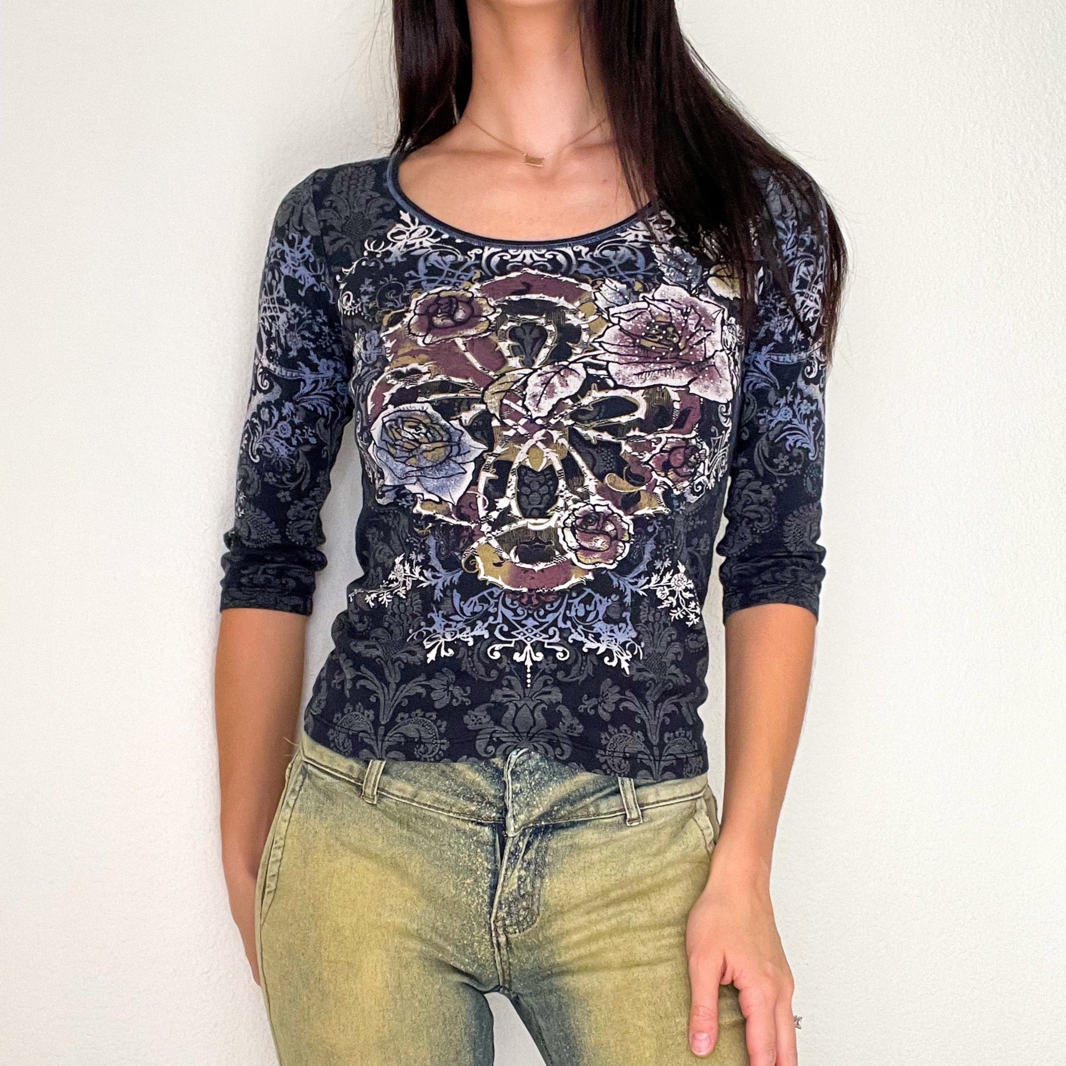 Navy Printed Rhinestone Top