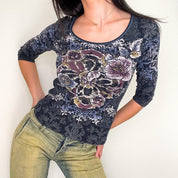 Navy Printed Rhinestone Top