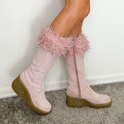 Pink Suede Sherpa Platform Boots