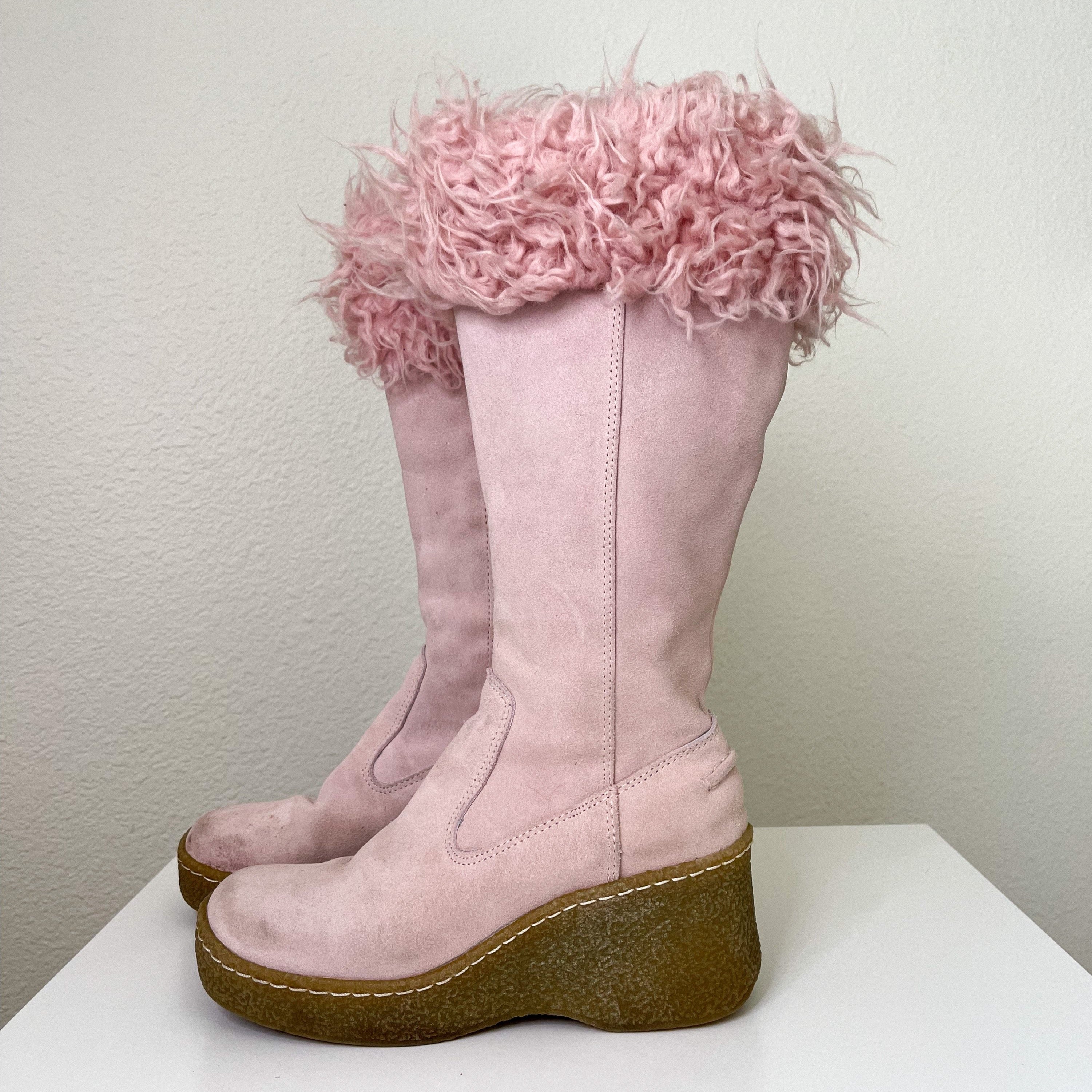 Pink Suede Sherpa Platform Boots