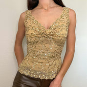 Tan Sequin Y2K Corset Lace Tank
