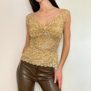 Tan Sequin Y2K Corset Lace Tank