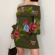 Rose Knit Off the Shoulder Mini Sweater Dress