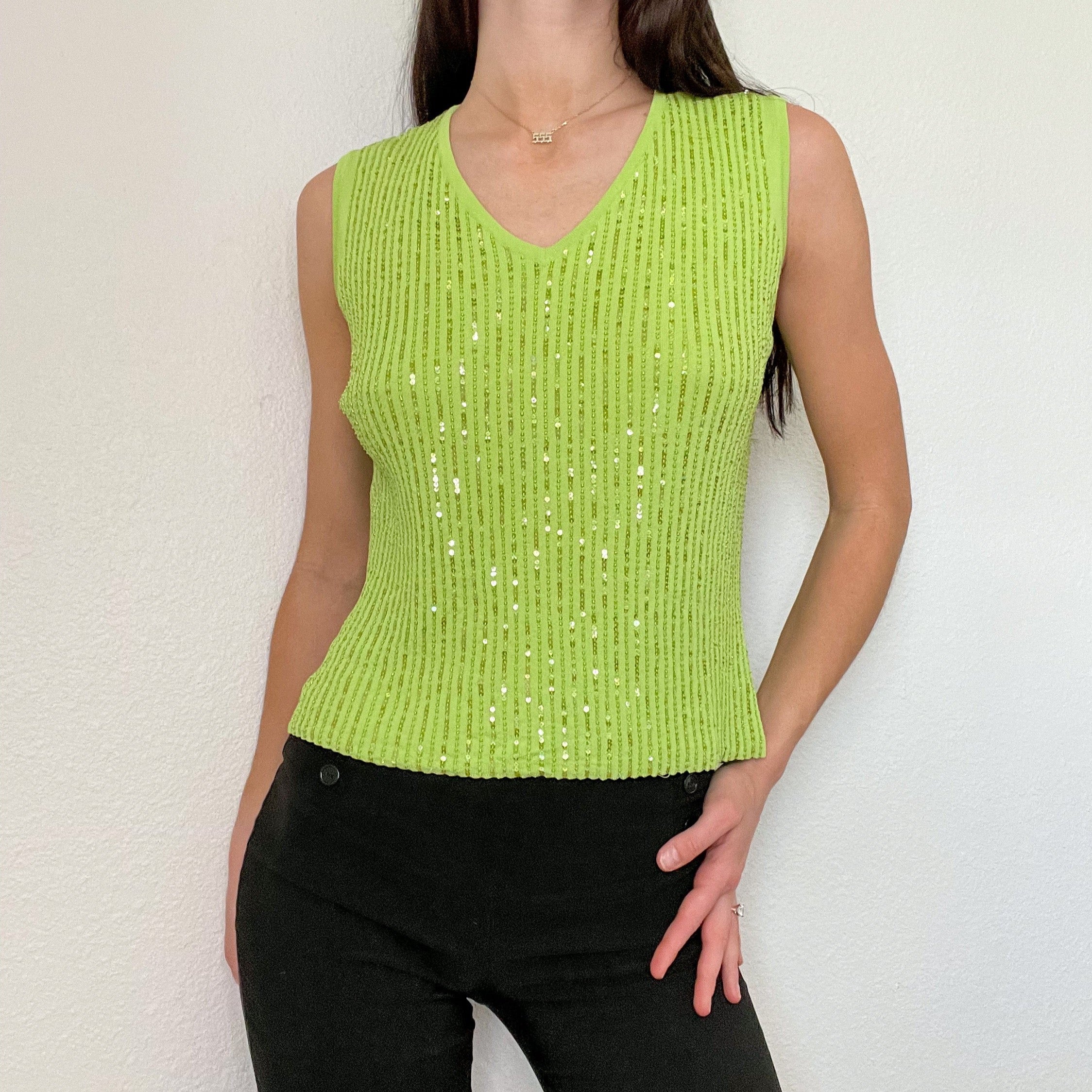 Lime Green Y2K Sequin Knit Tank