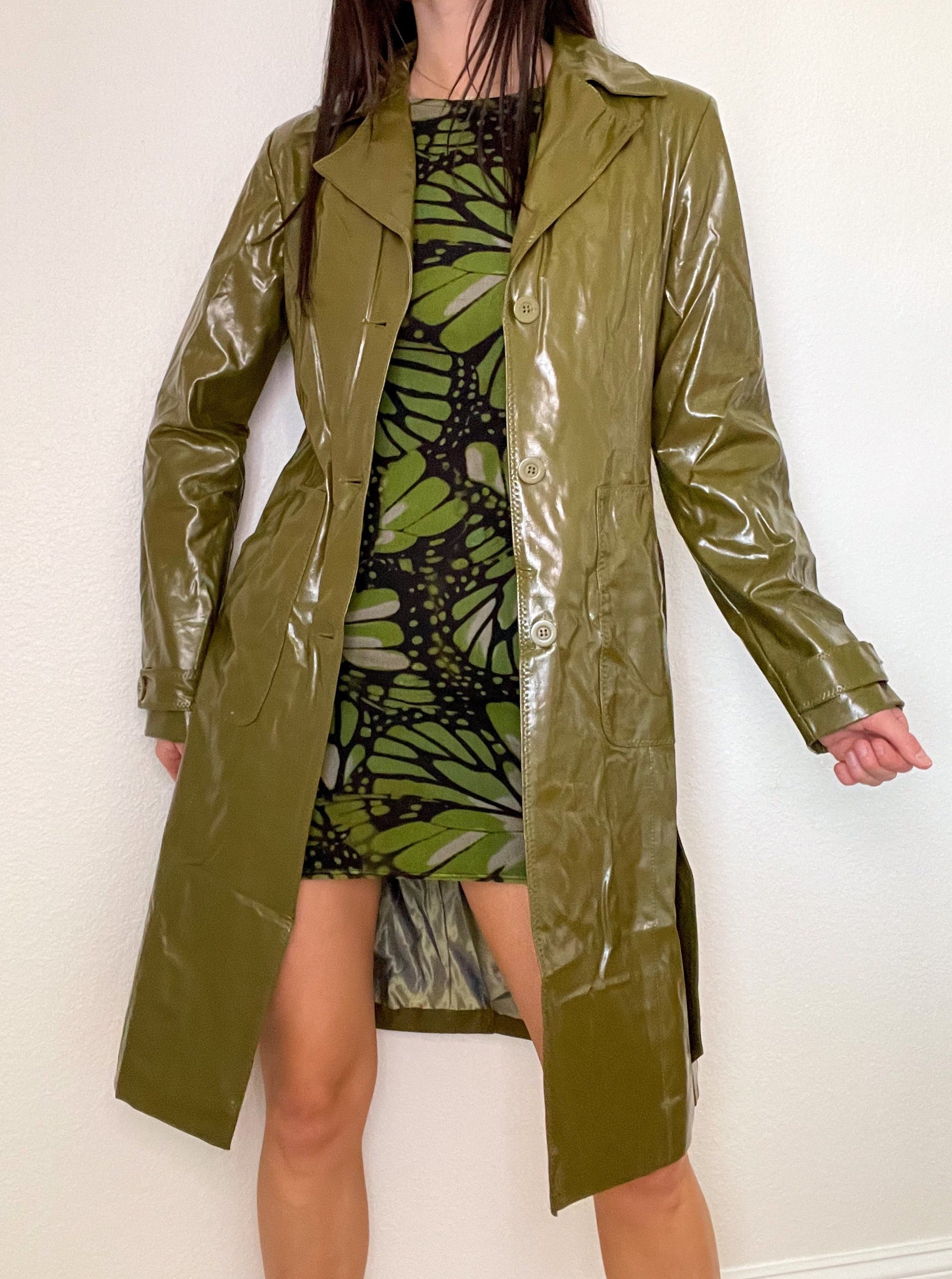 Olive Green Patent Leather Trench Coat