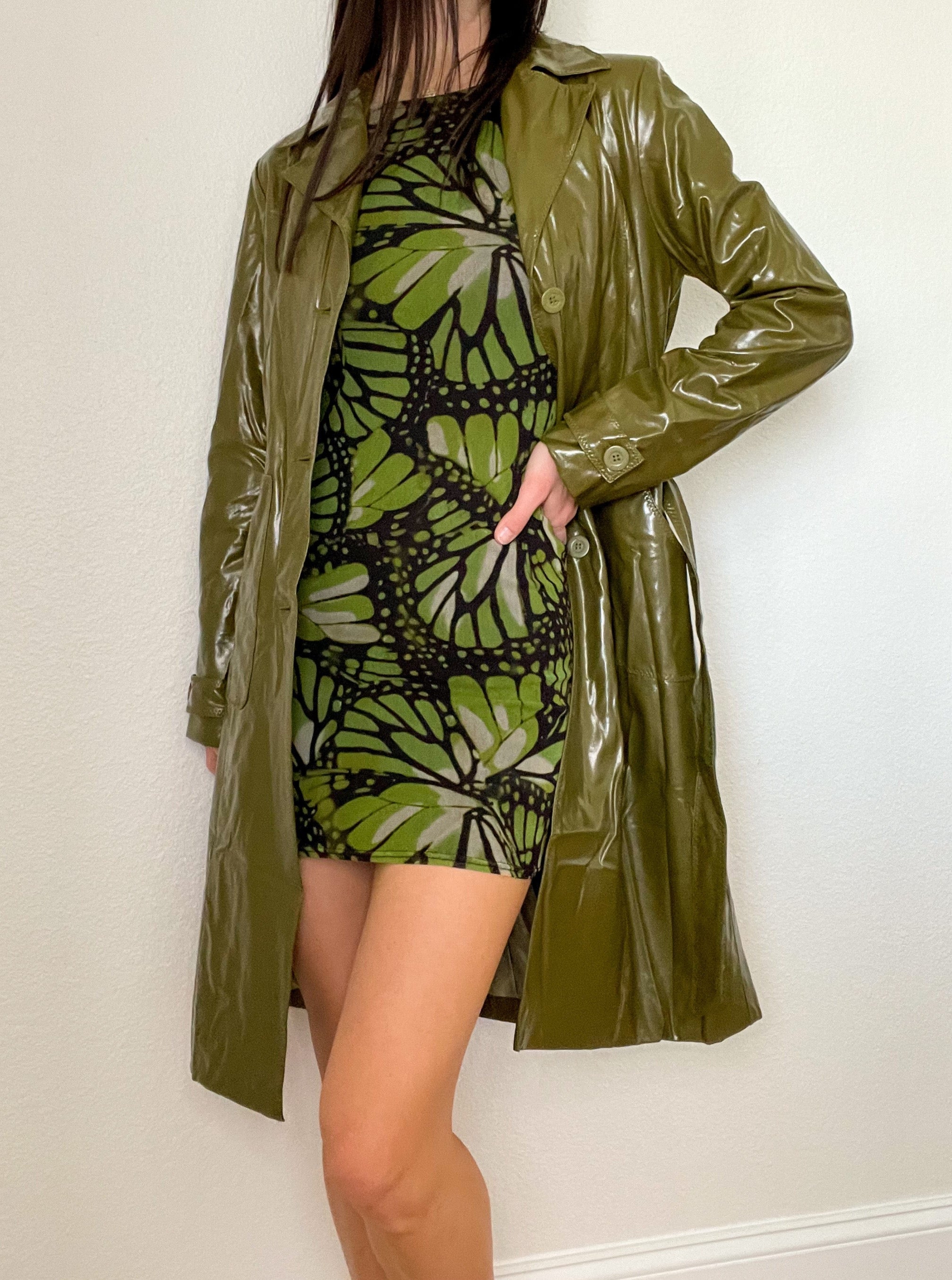 Olive Green Patent Leather Trench Coat