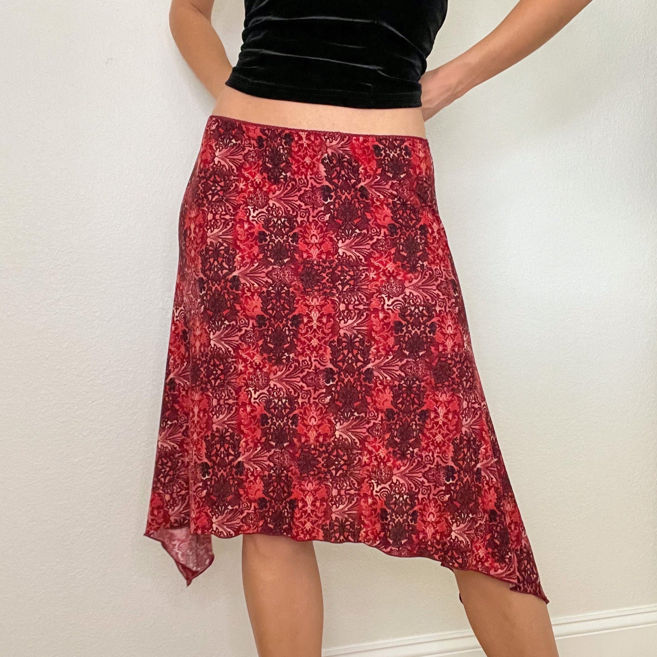 Red Paisley Y2K Midi Skirt