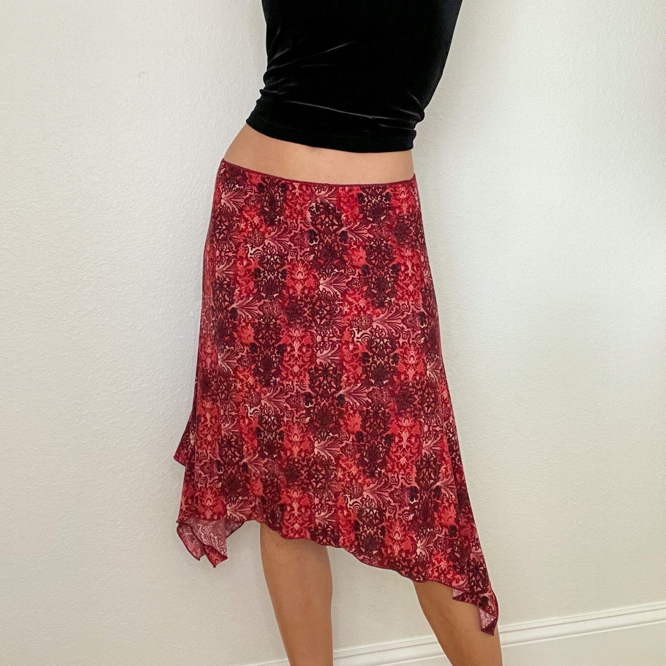 Red Paisley Y2K Midi Skirt