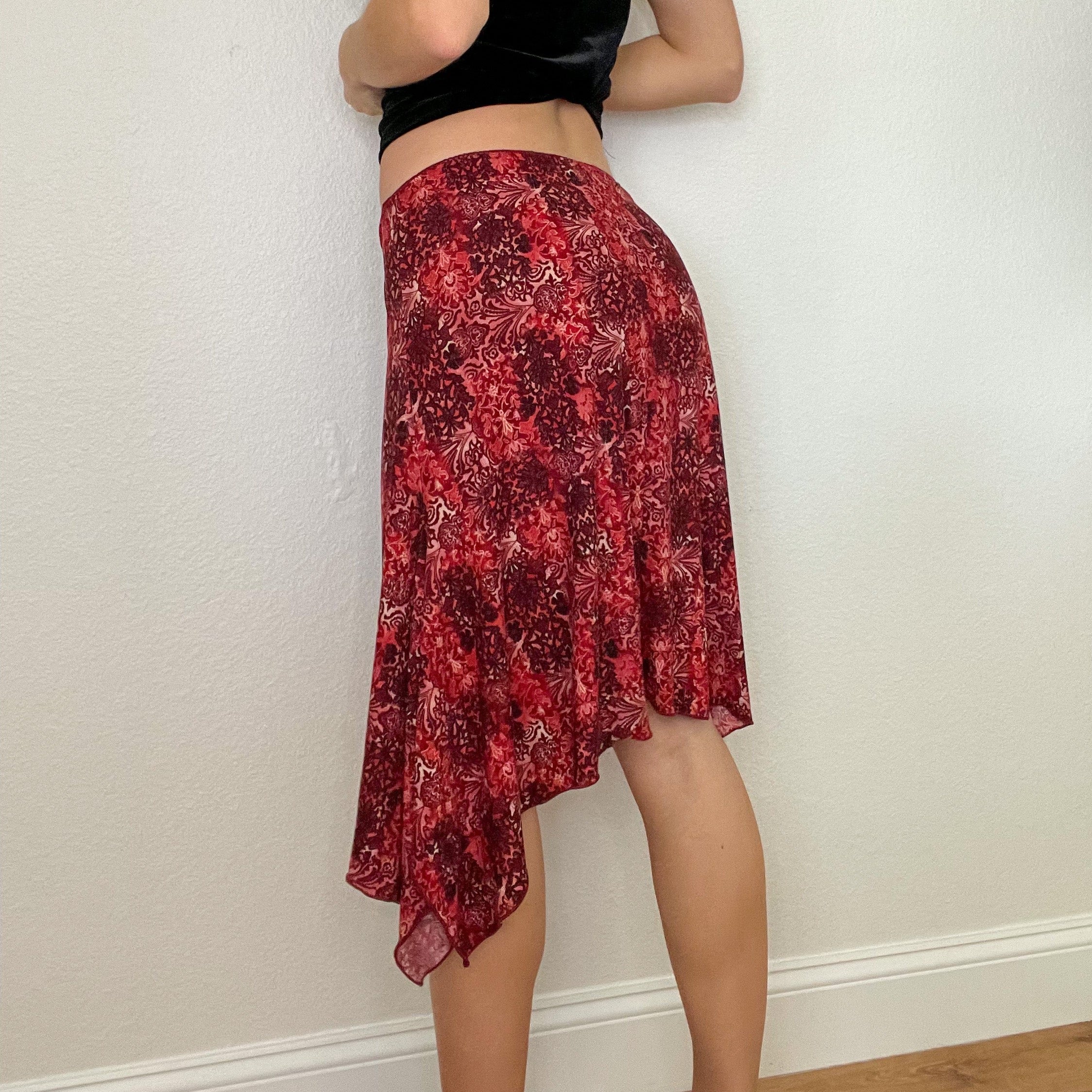 Red Paisley Y2K Midi Skirt