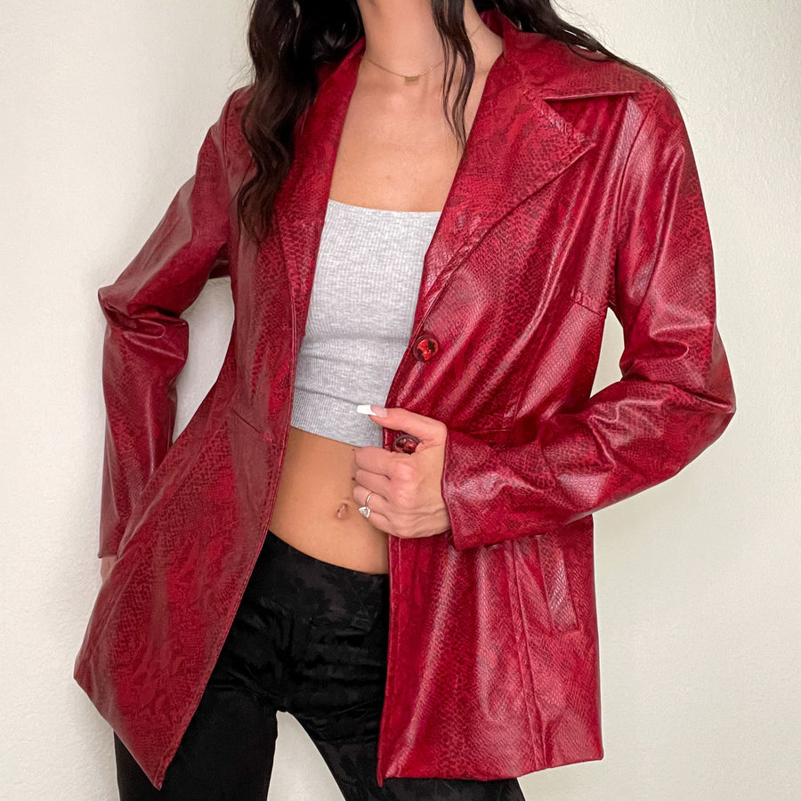 Red Snake Print Faux Leather Y2K Jacket