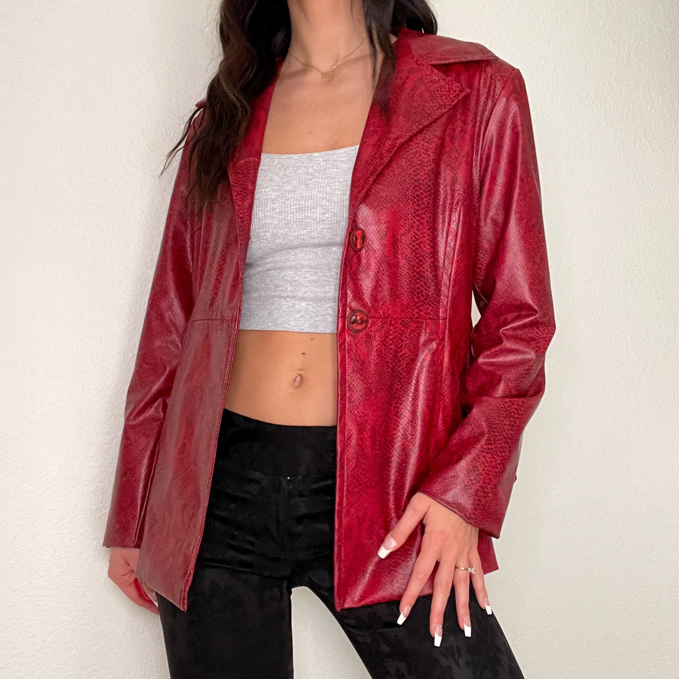 Red Snake Print Faux Leather Y2K Jacket