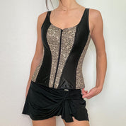 Black and Beige Vintage Zip Up Corset Top