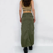 Y2K Olive Nylon Maxi Skirt - Small