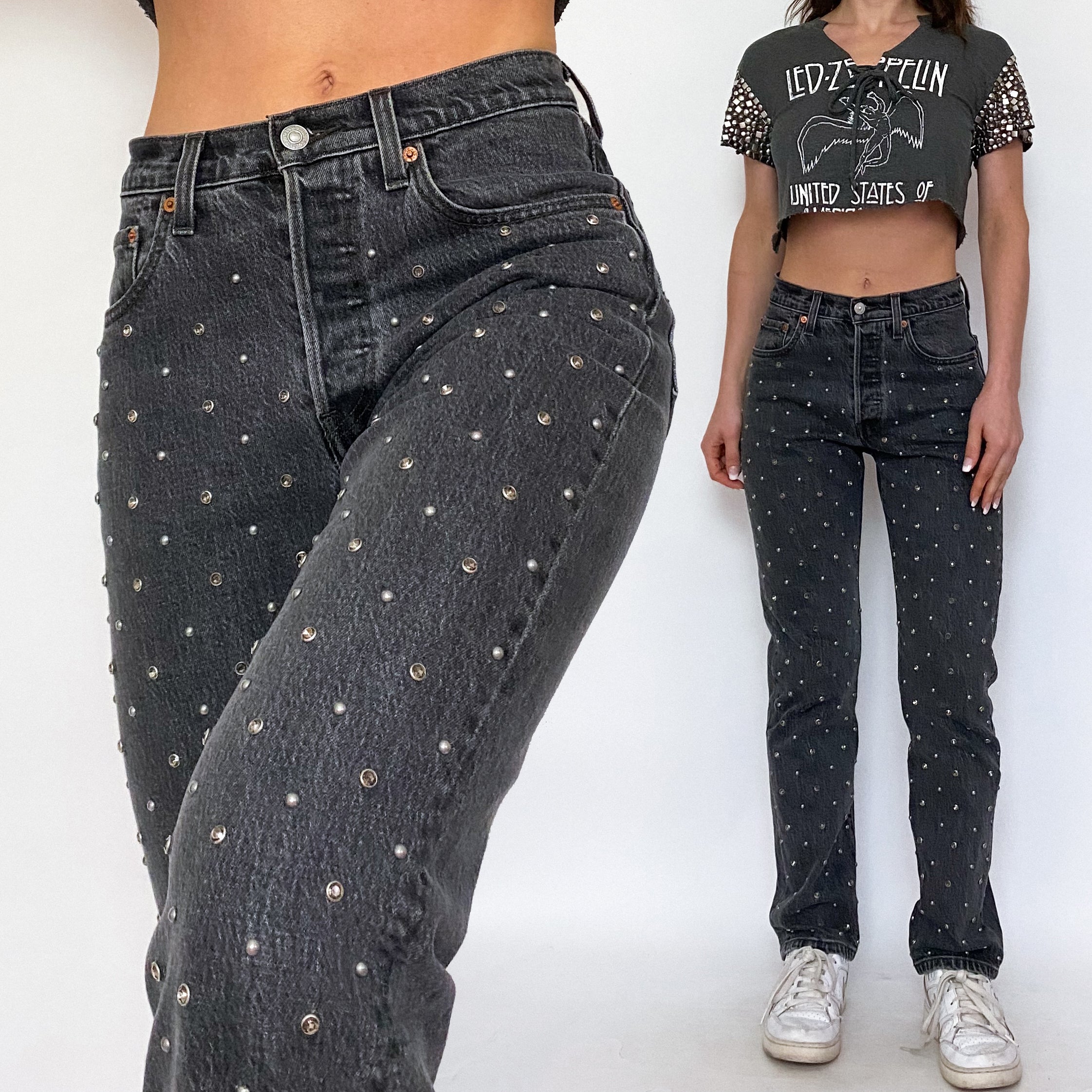 Levi's 501 Gray Rhinestone Studded High Rise Jeans