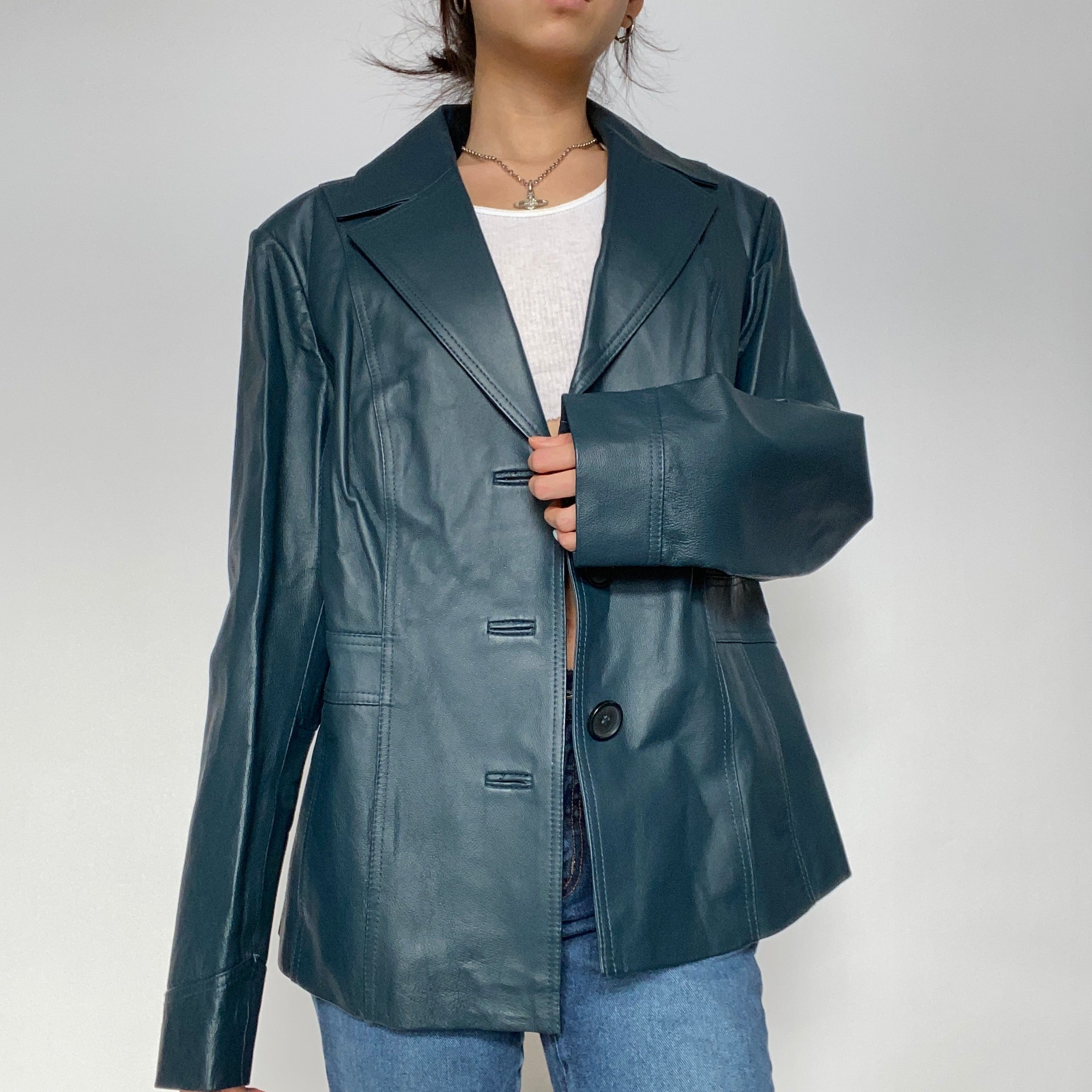 Blue Leather Blazer Jacket