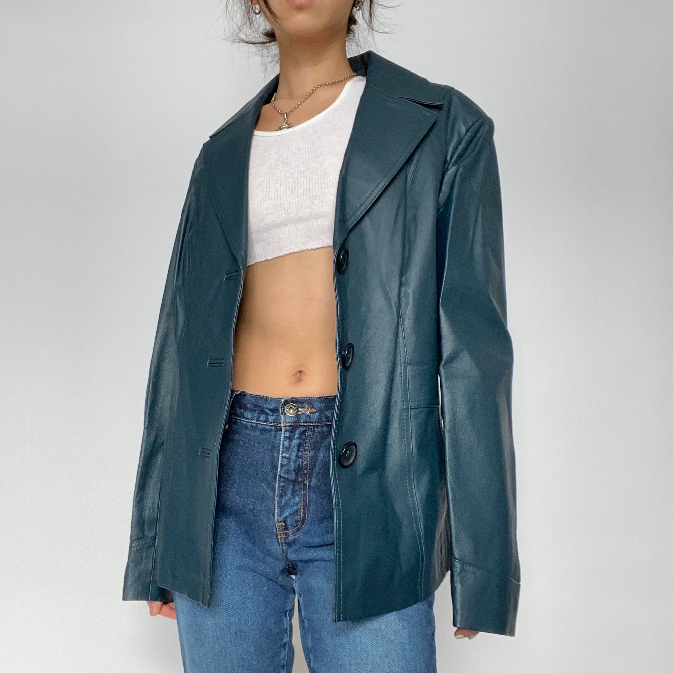 Blue Leather Blazer Jacket