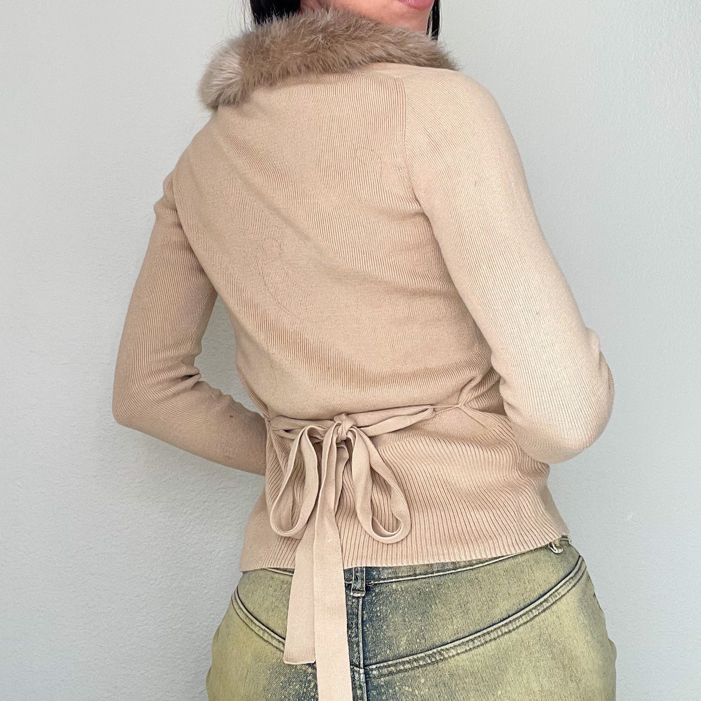 Tan Y2K Faux Fur Lined Cardigan Sweater