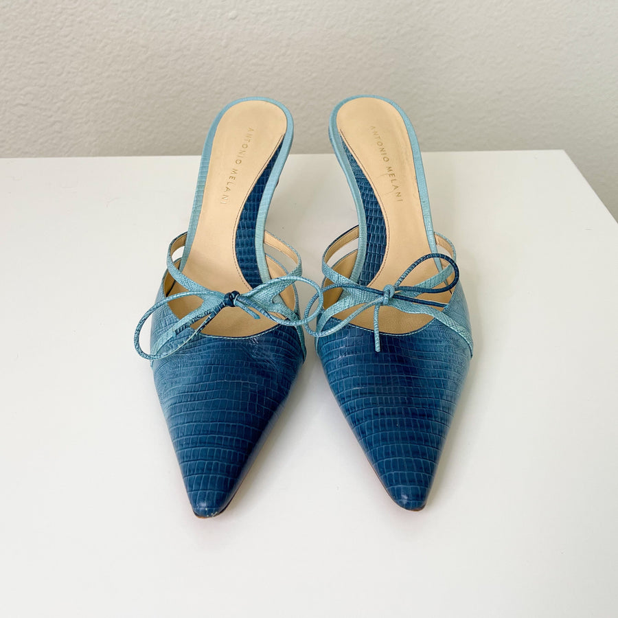 Blue Leather Carrie Bradshaw Kitten Mules — Holy Thrift