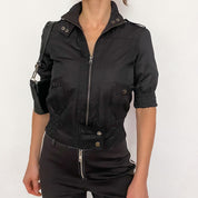 Bebe Black Short Sleeve Smocked Zip Up Top