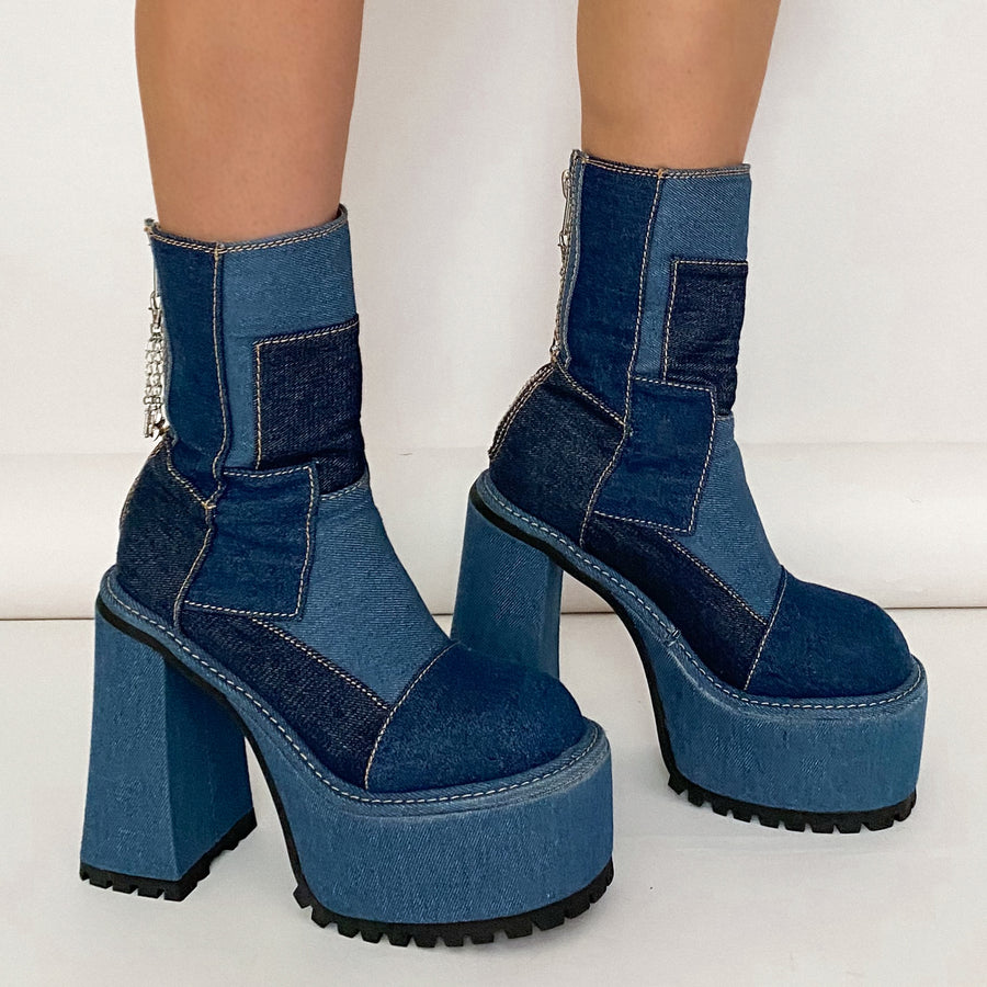 Dolls Kill X Bratz Patchwork Denim Platform Boots Blue