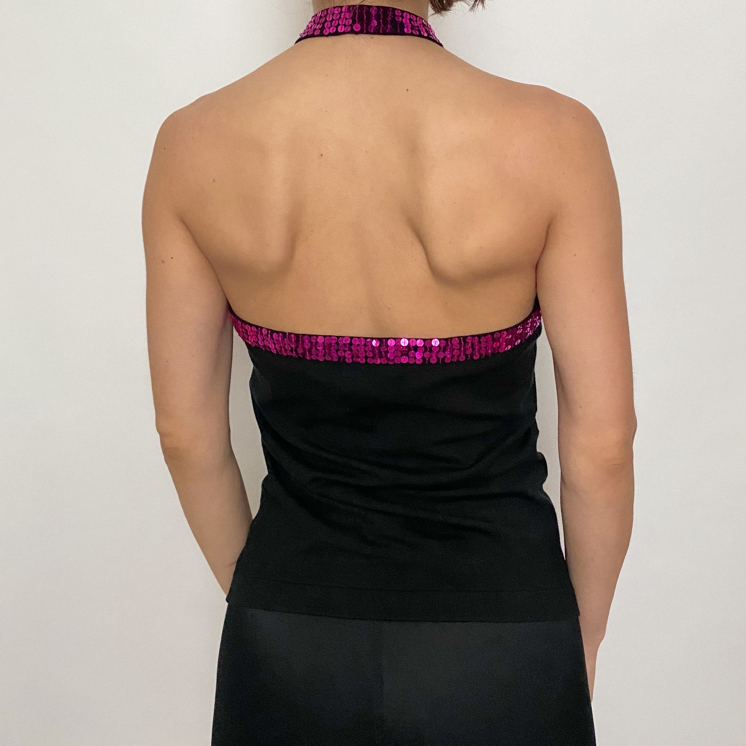 Vintage Black and Fuchsia Sequin Knit Halter