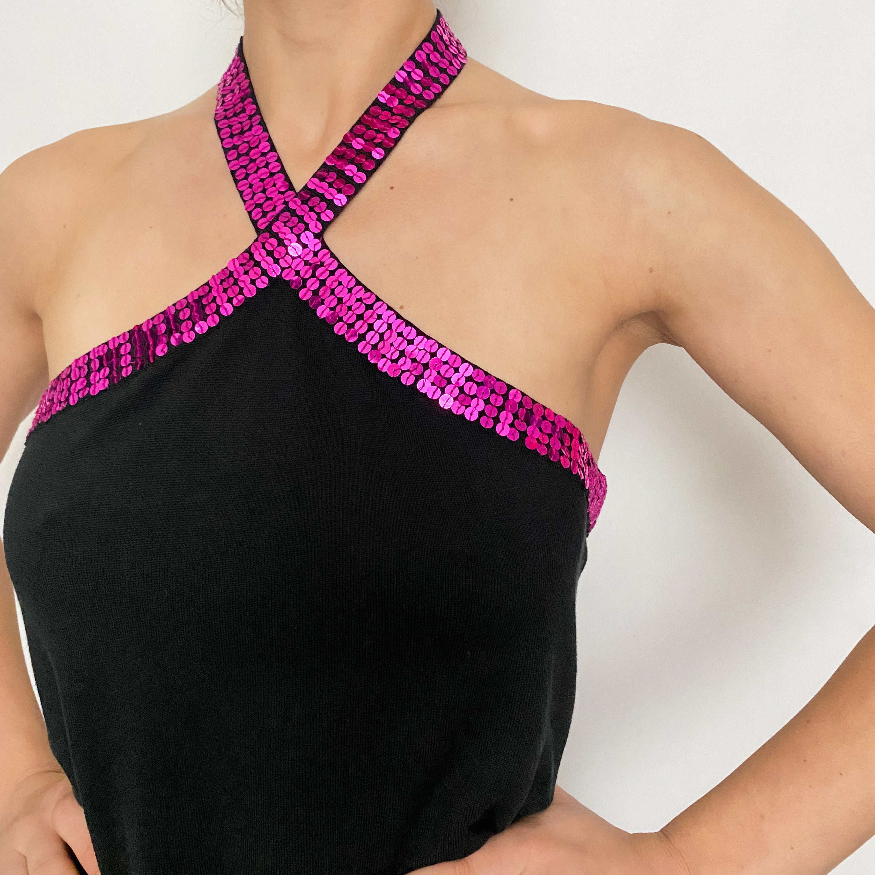 Vintage Black and Fuchsia Sequin Knit Halter
