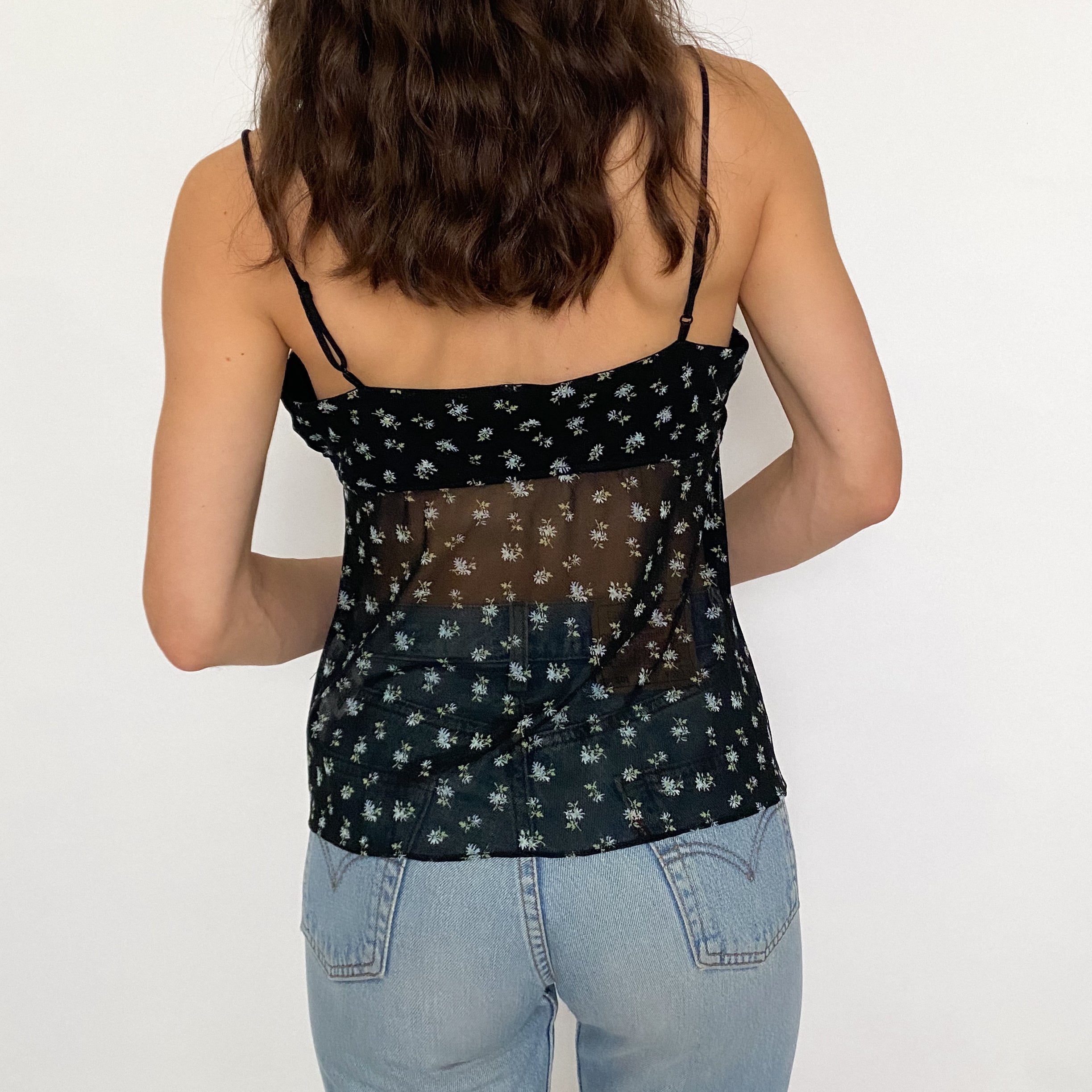 guess jeans mesh tie front floral cami - medium