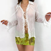 Tie Front Frilly Blouse - Medium