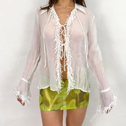 Tie Front Frilly Blouse - Medium